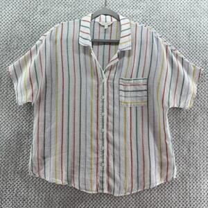 Garner Hill Top Women 14 White Striped Rainbow Linen Button Front Short Sleeve